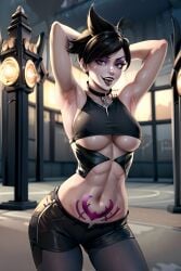 ai_generated big_breasts black_hair black_lipstick bookoflustfan collar corruption goth goth_girl gothic leather midriff open_mouth overwatch pale_skin tagme tattoo tattoo_on_belly toned toned_female tongue tongue_out tracer underboob