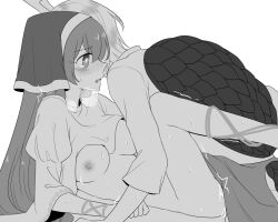 2girls animal_horns animal_tail areolae blush boring_mask breasts breasts_out clothed clothed_sex crying crying_with_eyes_open dripping dripping_pussy haniyasushin_keiki hat horn horns implied_strap-on keiki_haniyasushin kicchou_yachie long_hair monochrome nipples open_mouth pussy_juice pussy_juice_drip saliva scales sex shirt shirt_up short_hair solo_focus sweat tail tears thighs touhou turtle_shell yuri