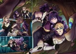 ass blonde_hair camilla_(fire_emblem) corrin_(fire_emblem) corrin_(fire_emblem)_(female) evil_smile eyes_held_open feet femsub fight fire_emblem fire_emblem_fates grabbing hypnosis hypnotized_assistant kaa kaa_eyes keendeemiyavi_(artist) purple_hair pussy restrained vore