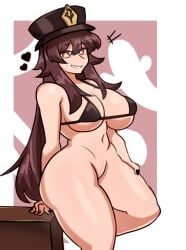 1female big_ass big_breasts breasts brown_hair clothed edit exposed_pussy female female_only genshin_impact hat heart hu_tao_(genshin_impact) human light-skinned_female mostly_nude pussy solo standing sunk118 unique_eyes vagina wide_hips