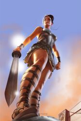 1girls ambiguous_pov ancient_rome antiquity arena female female_armor female_only foot_on_chest fully_clothed gladiator hair_up loopydave mature_female modesty_blaise modesty_blaise_(series) no_shirt pov pov_eye_contact roman_sandals solo sword thigh_focus vambraces victory_pose viewed_from_below