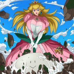 1girls big_breasts blonde_female blonde_hair bowser breasts crown destruction female giantess hataraki_ari huge_breasts large_breasts mario_(series) nintendo outdoors princess_peach super_mario_bros. super_mario_bros._2 super_smash_bros. turnip