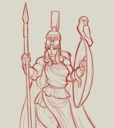 1girls 2d ancient_greece athena athena_(greek_mythology) cape clothed clothed_female corinthian_helmet demien female female_only goddess greek_mythology helmet human human_only light-skinned_female light_skin long_hair lucidartdvc monochrome muscular_female mythology owl pencil_(artwork) shield spear tagme weapon