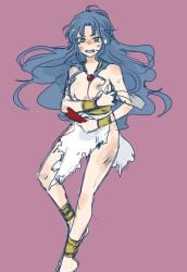 1girls blue_hair burnt_clothes cleavage covering covering_breasts long_hair looking_at_viewer madou_monogatari puyo_puyo rulue sega solo torn_clothes wavy_hair