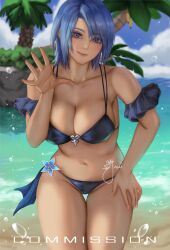 1girls aqua_(kingdom_hearts) beach bikini blue_bikini blue_eyes blue_hair blue_swimsuit breasts clouds disney kingdom_hearts kingdom_hearts_birth_by_sleep large_breasts looking_at_viewer midriff navel ocean outside palm_trees short_hair sky square_enix swimsuit water water_wings weisart