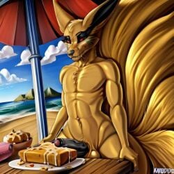 ai_generated anthro black_penis cum cum_on_food fox kurama naruto naruto_shippuden nine_tailed_fox penis_on_food public solo