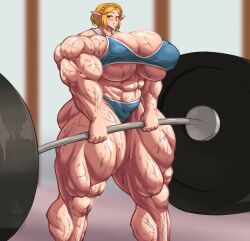 abs alternate_breast_size breasts_bigger_than_head extreme_muscles huge_breasts hyper hyper_breasts hyper_muscles muscular_female princess_zelda roneesan sweat tears_of_the_kingdom the_legend_of_zelda veiny_muscles weightlifting zelda_(tears_of_the_kingdom)