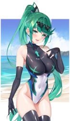 1girls aqua_eyes aqua_hair bare_shoulders beach black_gloves black_swimsuit blush breasts busty core_crystal curvy elbow_gloves eyewear_on_head female female_only gloves green_hair highres hips hourglass_figure impossible_clothes impossible_fit large_breasts latex long_hair matrix16 midriff monolith_soft multicolored_swimsuit navel nintendo one-piece_swimsuit pneuma_(xenoblade) ponytail skin_tight slim_waist sunglasses sunglasses_on_head swimsuit teal_eyes teal_hair thick_thighs thighhighs thighs very_long_hair water wide_hips xenoblade_(series) xenoblade_chronicles_2