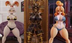 3d 3girls animal_crossing animated ankh anthro anubian_jackal anubis anubis_(bom39) areolae big_breasts bikini breasts canine child_bearing_hips cleavage dancing dividebyzero domestic_dog egyptian_mythology female female_only front_view furry gold_jewelry huge_breasts isabelle_(animal_crossing) jewelry lagomorph leporid looking_at_viewer mammal multiple_girls music navel nintendo nipple_chain nipples phonk pokémon_(species) pokemon rabbit sarcophagus scorbunny scorbunny_(valorlynz) short_playtime shorter_than_30_seconds sound tagme thick_thighs video wide_hips