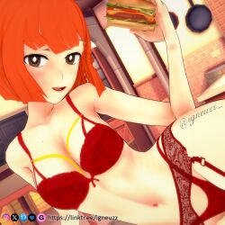 1girls 3d bangs bare_shoulders big_breasts blush bob_cut bra breasts burger cute double_entendre female female_focus female_only french_fries garter_belt garter_straps hamburger head_tilt holding_burger igneuzz inviting light-skinned_female lingerie lingerie_only looking_at_viewer mcdonald's milf mom_(japanese_mcdonald's_commercial) mother no_sex non-nude on_table orange_hair reclining red_bra red_garter_belt red_garter_straps red_lingerie red_thong short_hair sitting sling_bikini smile smiling solo thick_thighs thong yoru_mac