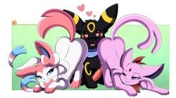 <3_eyes 2021 absurd_res ass ass_up black_body black_fur blue_eyes bodily_fluids border butt_bump cute_expression cute_fangs dominant dominant_female eeveelution espeon female feral fur fur_markings generation_2_pokemon generation_6_pokemon genital_fluids genitals gradient_background group heart hi_res imminent_sex lidded_eyes looking_at_another looking_at_partner looking_back looking_back_at_another looking_back_at_partner male markings motion_lines nintendo open_mouth patreon patreon_logo penis pink_body pink_fur pokemon pokemon_(species) precum pridark purple_eyes red_eyes reward sandwiched scarf shaking_butt simple_background sitting smile sylveon teamwork teasing text trio umbreon url white_body white_border white_fur yellow_body yellow_fur