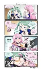 2girls blue_hair blue_nails clothed comic dialogue food ge-b hatsune_miku licking_breast megurine_luka multiple_girls pink_hair project_sekai tagme teasing vocaloid yuri