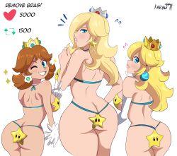 3girls ass big_ass big_breasts bikini blonde_hair blue_eyes breasts bubble_butt butt_crack female hair_over_one_eye height_difference huge_ass huge_breasts karbuitt large_ass large_breasts light-skinned_female light_skin long_hair luma_bikini mario_(series) nintendo orange_hair princess_daisy princess_peach princess_rosalina seductive simple_background star_bits strip_game super_mario_bros. super_mario_galaxy thick_thighs thigh_gap thighs twitter_strip_game_(meme) white_background wide_hips