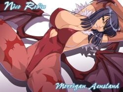 1girls armpits arms_up bat_wings black_hair breasts cameltoe capcom character_name cleavage clothing cosplay crossover dark-skinned_female darkstalkers elbow_gloves female female_only fit_female gloves head_tilt head_wings heart highleg hourglass_figure huge_breasts kagami kagami_hirotaka large_breasts lipstick makeup mature_female morrigan_aensland morrigan_aensland_(cosplay) nico_robin one_piece pantyhose pre-timeskip short_hair sideboob slim_waist smile solo spread_legs thick_thighs tights wide_hips wings yellow_eyes