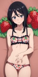 ai_generated bleach frilled_bra hand_on_stomach kuchiki_rukia laying_down midriff panties print_panties strawberry strawberry_panties