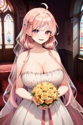 ai_generated big_breasts church church_interior essievt fanart virtual_youtuber vtuber wedding_dress yellow_flowers