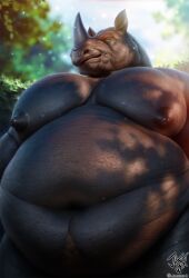 anthro big_belly grey_body horn huge_belly jugg4 looking_at_viewer male male_only moobs nipples original_character rhinoceros solo