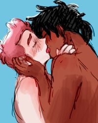 2boys adventure_time adventure_time:_fionna_&_cake blue_background blush blushing dark-skinned_male dark_hair dark_skin fionna_and_cake gary_prince gay hand_on_face kissing male_only marshall_lee marshall_lee_(black) muscular_male naked nipples open_eyes pink_hair prince_gumball shirtless shirtless_male smile tongue tongue_out white_body wholesome yaoi