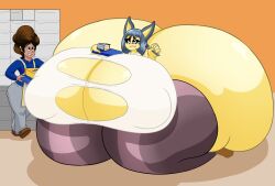 1boy 1girls animal animal_crossing ankha anthro apron ass big_ass big_breasts blue_hair breasts bubble_butt cake cleavage colossal_ass eating eating_food enormous_ass fat felid feline female gigantic_ass gigantic_breasts huge_ass huge_breasts hyper_ass hyper_breasts justin_(user3345) large_ass large_breasts male massive_ass massive_breasts nintendo nipple_bulge thick_thighs thunder_thighs user3345 wide_hips yellow_body