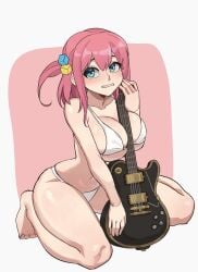 1girls big_breasts bikini blue_eyes bocchi_the_rock! cleavage female gibson gotou_hitori guitar hyyun kneeling les_paul long_hair nervous pink_hair solo tagme thighs