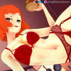 1girls 3d bangs bare_shoulders big_breasts blush bob_cut bra breasts burger cute double_entendre female female_focus female_only french_fries garter_belt garter_straps hamburger head_tilt holding_burger igneuzz inviting light-skinned_female lingerie lingerie_only looking_at_viewer mcdonald's milf mom_(japanese_mcdonald's_commercial) mother no_sex non-nude on_table orange_hair reclining red_bra red_garter_belt red_garter_straps red_lingerie red_thong short_hair sitting sling_bikini smile smiling solo thick_thighs thong yoru_mac