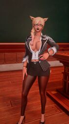 belly_piercing bimbo black_lipstick blonde_female blonde_hair blonde_tail blue_eyes earrings final_fantasy_xiv formal_wear glasses heels high_heels kymestra leggings miniskirt miqo'te open_topwear piercing pink_nails queen_of_spades tail teacher