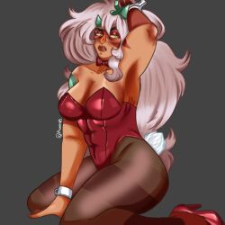 ashaysb bowtie bunnysuit cuffs gem_(species) grey_background high_heels horn jasper_(steven_universe) kneeling muscular muscular_female orange_skin sharp_teeth steven_universe very_long_hair white_hair