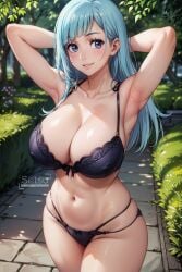 1girls ai_generated alternate_breast_size armpits big_breasts black_bikini blue_eyes blue_hair female female_only hands_behind_head human jujutsu_kaisen kasumi_miwa long_hair looking_at_viewer setsuaiart smiling_at_viewer solo thick_thighs