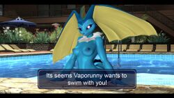 1girls 3d anthro areola black_nose blue_areola blue_body blue_nipples blue_sclera blue_skin breasts digital_media_(artwork) eeveelution english_text female female_only fin furry hybrid long_ears looking_at_viewer lopunny nintendo nipples pokémon_(species) pokemon pokemon_(species) silvarion smile solo source_filmmaker swimming_pool tail text text_box umbrella vaporeon vaporunny water white_eyes