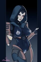 apex_legends armor ash_(apex_legends) blue_skin female glowing_eyes glowing_nipples glowing_pussy hood humanoid large_breasts mask msmelodine robot robot_girl solo thick_thighs