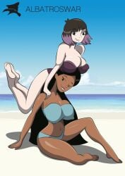 2girls albatroswar american_dragon:_jake_long ass barefoot beach big_ass big_breasts bikini black_eyes black_hair blue_bikini blue_bikini_bottom blue_bikini_top breasts dark-skinned_male dark_skin feet happy_female happy_sex hilda_(series) huge_ass huge_breasts kaisa_(hilda) large_ass large_breasts long_hair looking_at_viewer multiple_girls open_mouth pale-skinned_female pale_skin purple_bikini purple_bikini_bottom purple_bikini_top purple_hair sea short_hair smile smiling smiling_at_viewer sun_park swimsuit two_tone_hair voluptuous voluptuous_female wide_hips