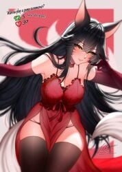 1girls 2023 9_tails absurdres ahri artist_name black_hair blush choker english_text face_markings female female_only fox_ears fox_girl fox_tail gloves hibahria highres large_breasts league_of_legends light-skinned_female light_skin looking_at_viewer multiple_tails nightgown nine_tailed_fox riot_games smile solo stockings strip_game talking_to_viewer text thick_thighs thighhighs vastaya watermark wide_hips yellow_eyes