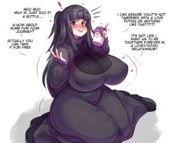 ! 1girls alternate_costume ass black_dress black_eyes black_hair black_nails blush bottle breasts cleavage clothed clothed_female curvy dialogue dress english_text female female_only fire_emblem fire_emblem_awakening fusion heart hex_maniac hex_maniac_(cosplay) hex_maniac_(pokemon) highres huge_breasts kneeling large_ass light-skinned_female light_skin long_hair looking_at_viewer milk milk_bottle moomoo_milk nail_polish nintendo pinkkoffin pokemon pokemon_(game) pokemon_xy purple_eyes purple_hair simple_background smile solo text tharja_(fire_emblem) thick_thighs tight_clothing voluptuous white_background