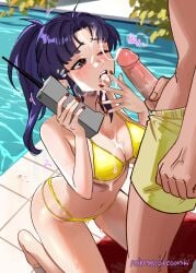 1boy 1girls after_fellatio after_oral bikini blowjob breasts cleavage cum cum_in_hair cum_in_mouth cum_inside cum_on_body cum_on_breasts cum_on_face drool drool_string drooling fellatio female female_penetrated large_breasts male misato_katsuragi nail_polish navel neon_genesis_evangelion nude nude_female open_mouth oral oral_penetration oral_sex penis pool poolside purple_hair red_nails saliva saliva_string saliva_trail snegovski sweat swimsuit tagme tears tongue tongue_out underboob