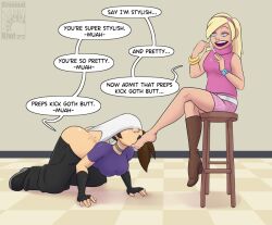 2girls all_fours atomic_wedgie bare_arms bare_shoulders blonde_female blonde_hair blonde_hair_female blue_eyes butt_crack checkered_floor criminalkiwi crossed_legs dimples_of_venus feet female_only femdom full_body goth goth_girl indoors kissing_foot nail_file on_floor pink_outfit prep preppy single_boot stool text text_box text_bubble wedgie wedgies white_belt white_panties white_underwear