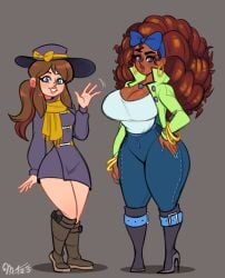 2girls a_hat_in_time aged_up blue_eyes boots bow_adult bow_kid breasts brown_hair clothing dark-skinned_female dark_skin female female_only greeting hair_ornament hairbow hat hat_adult hat_kid large_breasts light-skinned_female light_skin long_hair looking_at_viewer mawile123 multiple_girls ponytail purple_eyes salutation salute scarf thick_thighs thighs white_background wide_hips yellow_scarf