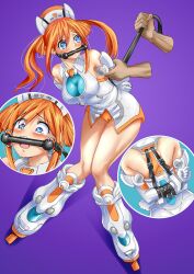 1boy 1girls albyee arms_behind_back bare_shoulders bare_thighs blue_eyes blush bondage breasts clothed gag goddess light-skinned_female looking_back multiple_views neptunia_(series) open_mouth orange_hair orange_heart restrained skin_tight twintails uzume_tennouboshi