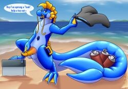 >:d 2023 air_tank air_valve animate_inanimate anthro balls barbel_(anatomy) beach big_tail blue_balls blue_body blue_eyes bodily_fluids bottomwear cheek_frill clothing cooler darkoverord detailed_background digital_media_(artwork) digitigrade dragon eastern_dragon english_text flesh_whiskers frill_(anatomy) genitals gesture grey_bottomwear grey_clothing grey_pupils grey_shorts handles handles_on_back handles_on_hips hi_res huge_tail inflatable living_inflatable looking_at_viewer male male_only mane markings membrane_(anatomy) multicolored_penis one_leg_up open_mouth open_smile orange_markings orange_penis penis pointing pointing_at_penis pupils raised_leg ridged_penis rigel_(darkoverord) seaside shorts smile solo spade_tail tail teeth text tongue two_tone_penis unusual_bodily_fluids webbed_feet webbed_hands yellow_frill yellow_penis yellow_tongue