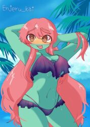 1girls belly_button bikini bolivia_(countryhumans) countryhumans countryhumans_girl eyebrows_visible_through_hair female female_only green_body green_skin long_hair red_hair watermark