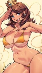 1girls bikini blue_eyes breasts brown_hair cleavage crown dracksart female female_only freckles large_breasts looking_at_viewer mario_(series) pose princess_daisy solo swimsuit thighs wide_hips