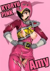 1girls amy_yuzuki belt bodysuit breasts broken_helmet cleft_of_venus exposed_breasts exposed_pussy exposed_vagina glove gloves helmet heroine kyoryu_pink looking_at_viewer medium_breasts open_mouth pink_eyes pink_pants pink_shirt pink_skirt pubic_hair sakuradou simple_background skirt standing suit super_sentai tagme thighs torn_bodysuit torn_clothes torn_pants torn_shirt torn_skirt torn_suit white_glove white_gloves zyuden_sentai_kyoryuger