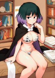 ai_generated ass big_ass big_breasts black_cape black_eyes black_hair blush breasts cape cow_bikini cow_print cow_print_bikini cow_print_swimsuit cow_swimsuit hilda_(series) kaisa_(hilda) large_ass large_breasts looking_at_viewer losforry_custom navel nipples pale-skinned_female pale_skin pink_nipples purple_cape purple_hair short_hair sitting sitting_on_bed sitting_on_desk thighs two_tone_cape two_tone_hair voluptuous voluptuous_female wide_hips