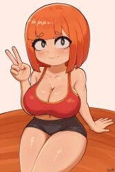 1girls breasts brikot cleavage female female_only hi_res huge_breasts large_breasts light-skinned_female light_skin looking_at_viewer mcdonald's milf mom_(japanese_mcdonald's_commercial) orange_hair short_hair smile solo sports_bra sportswear thighs v yoru_mac