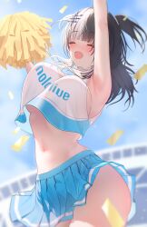 1girls absurdres armpits black_hair breasts cheerleader closed_eyes grey_hair hair_ornament highres hololive hololive_english hololive_english_-advent- large_breasts long_hair looking_at_viewer multicolored_hair navel open_mouth pleated_skirt pom_pom_(cheerleading) prab shiori_novella skirt smile split-color_hair thighs two-tone_hair two_side_up virtual_youtuber