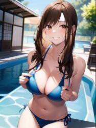 1girls ai_generated ai_mirror belly_button blue_bikini blush brown_hair grabbing_own_breast long_hair looking_at_viewer medium_breasts orange_eyes smiling swimming_pool tree white_skin wooden_house wooden_sign