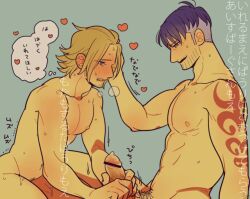 2boys bar_censor blonde_hair censored completely_nude condom condom_on_penis erection facial_hair gay hand_on_another's_head iceburg imminent_sex jon_(pixiv) lipstick male male_only muscular muscular_male nude one_piece paulie penis profile purple_hair putting_on_condom shoulder_tattoo smile stubble sweat tattoo undercut yaoi