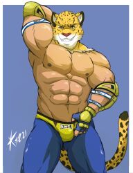 abs animal_head anthro bara biceps bulge clothed clothing felid for_a_head fur hands_behind_back jaguar king_(tekken) lofnirv male male_only mammal muscular muscular_anthro muscular_male nipples pantherine pecs simple_background smile solo tail teeth tekken topless wrestler