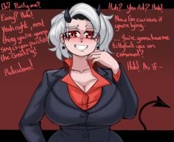 absurd_res cleavage_window condescending demon_girl demon_tail dialogue digital_media doocen earrings generic_(helltaker) helltaker horns huge_beasts red_eyes short_hair smug smug_grin suit text white_hair