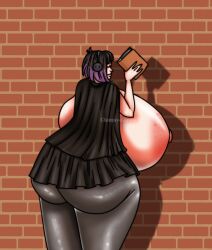 ass big_ass big_breasts black_cape black_hair book breasts closed_eyes clumsy-carew grey_legwear headphones hilda_(series) holding_book holding_object huge_ass huge_breasts kaisa_(hilda) large_ass large_breasts legwear nipples pale-skinned_female pale_skin pink_nipples purple_hair thick thick_ass thick_body thick_breasts thick_legs thick_thighs two_tone_hair voluptuous