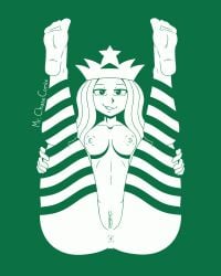 1girls feet female female_only pussy simple_background starbucks starbucks_siren